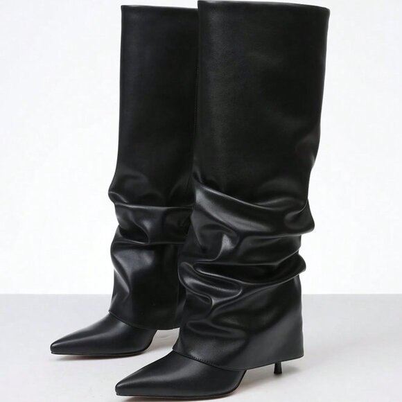 Black Preppy Women's Knee High Ruched Point Toe Stilettos - Picture 2 of 6